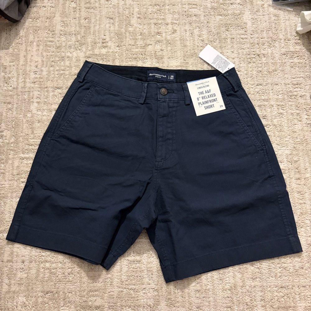 Abercrombie mens linen cotton blend navy blue plainfront 8” relaxed shorts BNWT - Picture 3 of 8